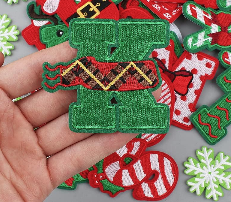 26Pcs Red Christmas Iron on Patches, 26 Letters with Red Christmas Hats, A-Z