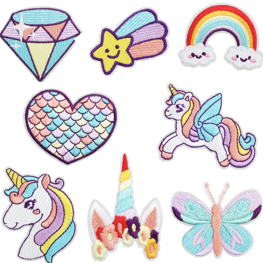 8Pcs Dreamy Unicorn Iron on/Sew on Patches Rainbow Star Heart Butterfly Diamond