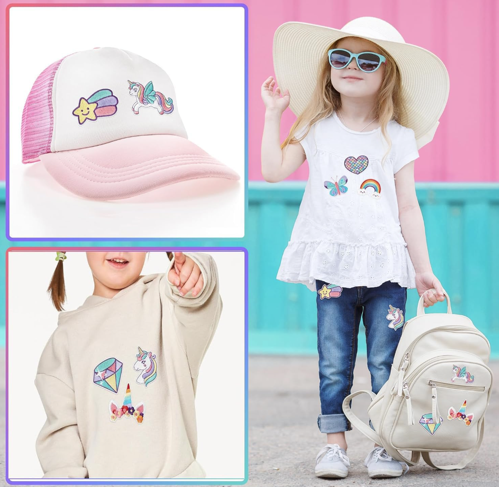 8Pcs Dreamy Unicorn Iron on/Sew on Patches Rainbow Star Heart Butterfly Diamond