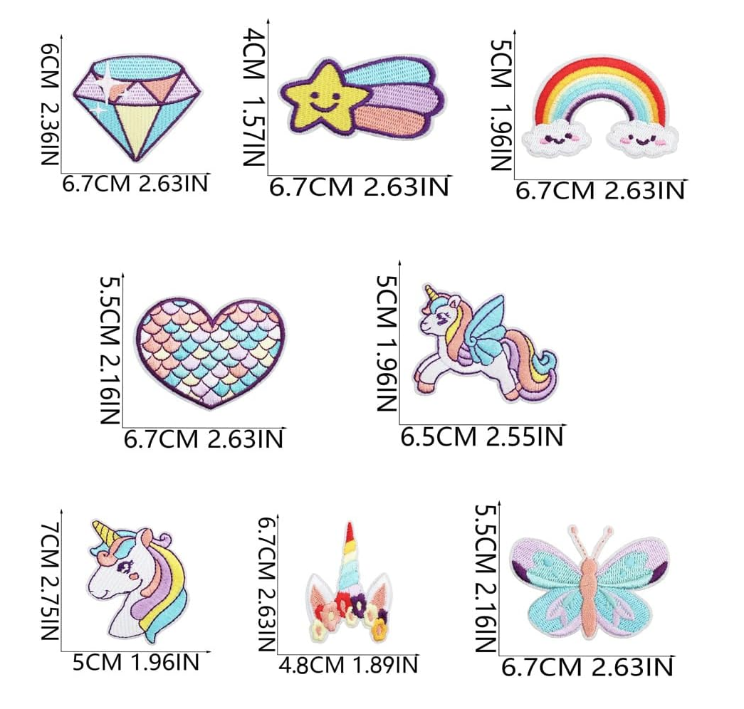 8Pcs Dreamy Unicorn Iron on/Sew on Patches Rainbow Star Heart Butterfly Diamond