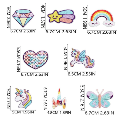 8Pcs Dreamy Unicorn Iron on/Sew on Patches Rainbow Star Heart Butterfly Diamond