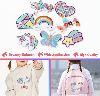 8Pcs Dreamy Unicorn Iron on/Sew on Patches Rainbow Star Heart Butterfly Diamond