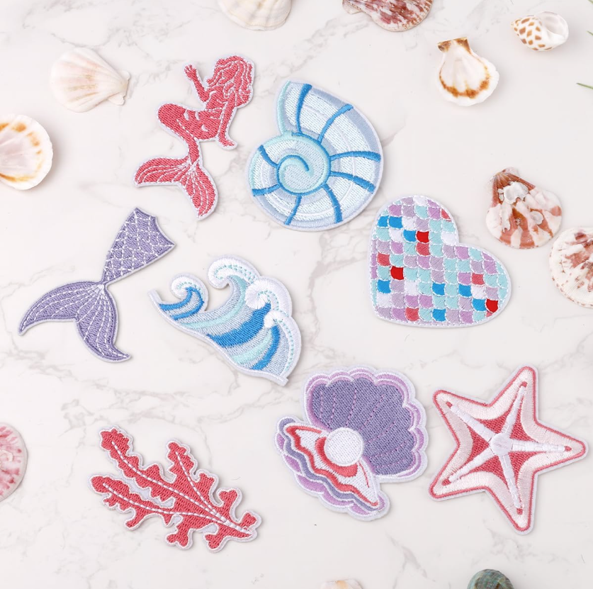 8pcs Iron on Patches for Clothes, Ocean Theme Sea Shell Mermaid Waves