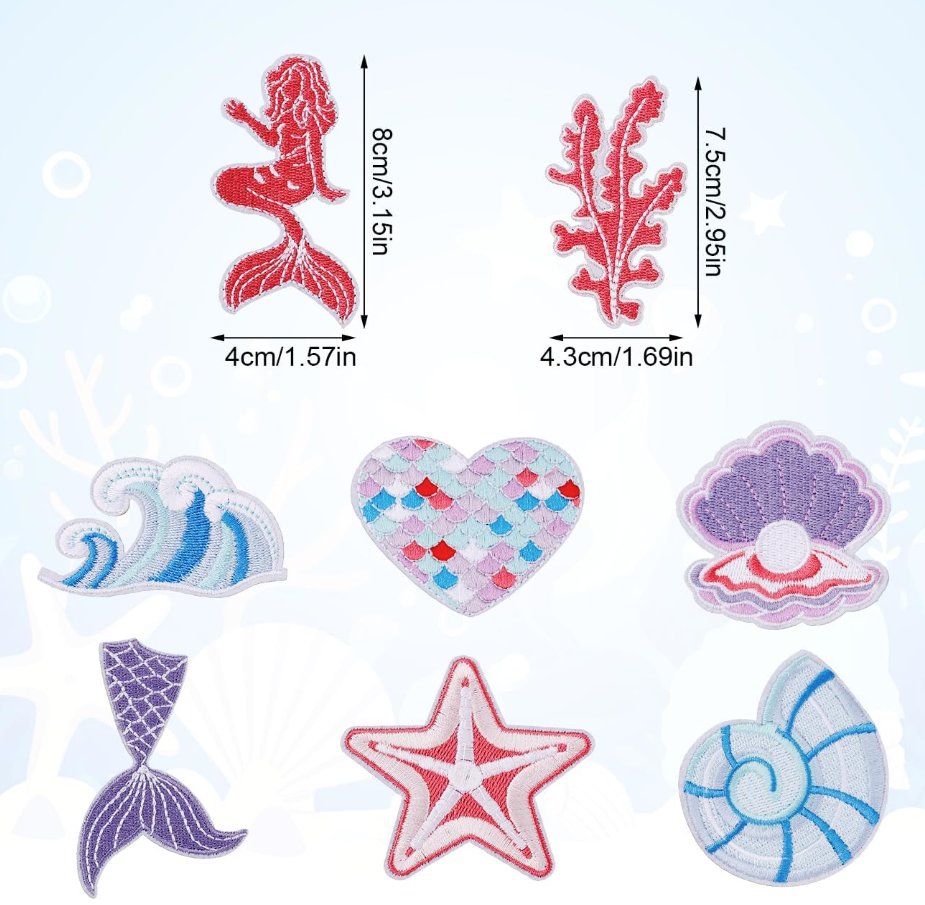 8pcs Iron on Patches for Clothes, Ocean Theme Sea Shell Mermaid Waves