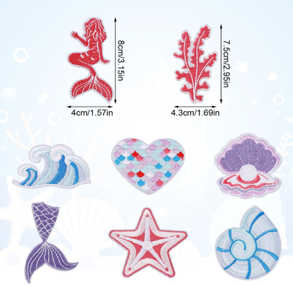 8pcs Iron on Patches for Clothes, Ocean Theme Sea Shell Mermaid Waves