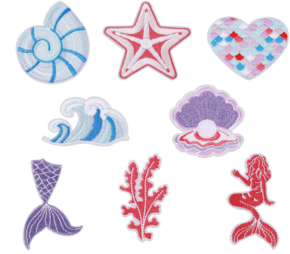 8pcs Iron on Patches for Clothes, Ocean Theme Sea Shell Mermaid Waves