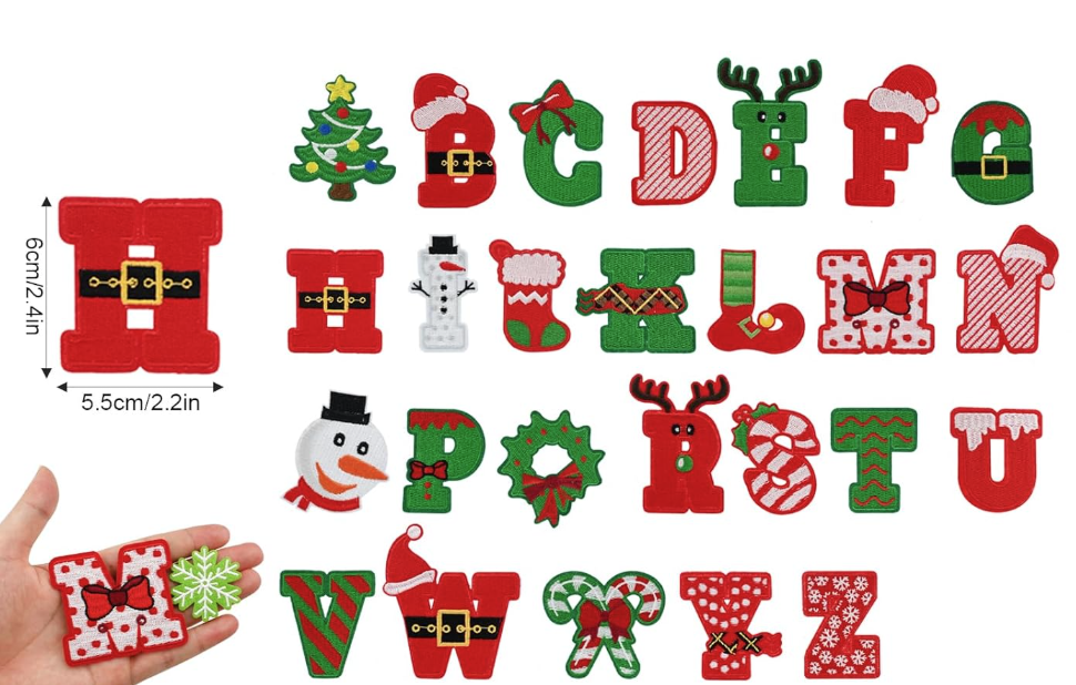 26Pcs Red Christmas Iron on Patches, 26 Letters with Red Christmas Hats, A-Z