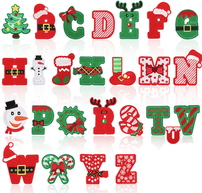 26Pcs Red Christmas Iron on Patches, 26 Letters with Red Christmas Hats, A-Z