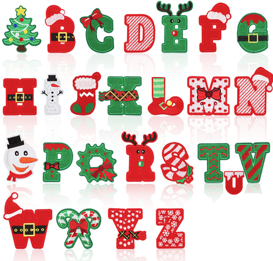 26Pcs Red Christmas Iron on Patches, 26 Letters with Red Christmas Hats, A-Z