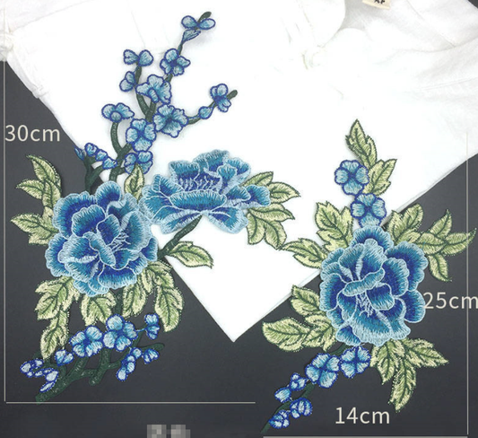 1 Pair Flower Leaves Set Embroidered Appliques Sew-On Patches Red, Blue, Pink
