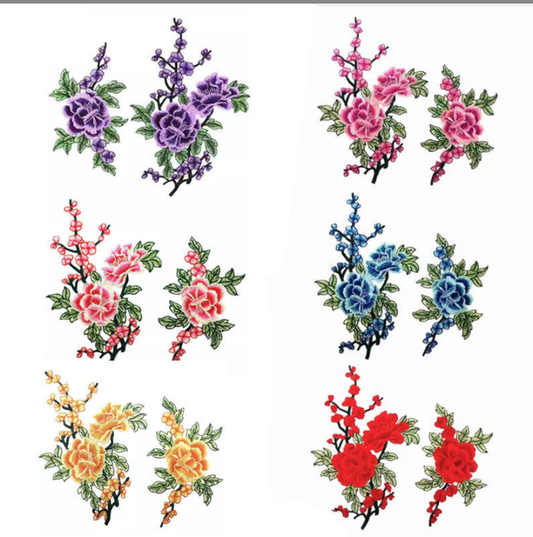 1 Pair Flower Leaves Set Embroidered Appliques Sew-On Patches Red, Blue, Pink