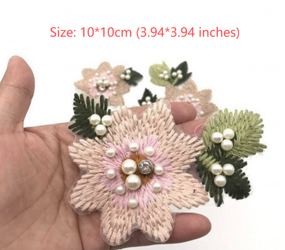 Pink Flower Bead Embroidered Badge Sew On Patch Clothing Applique Patches UK