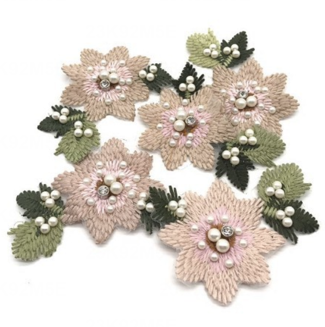 Pink Flower Bead Embroidered Badge Sew On Patch Clothing Applique Patches UK