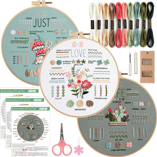 3 Sets beginner Embroidery Kits with Detailed Instruction and Material Package