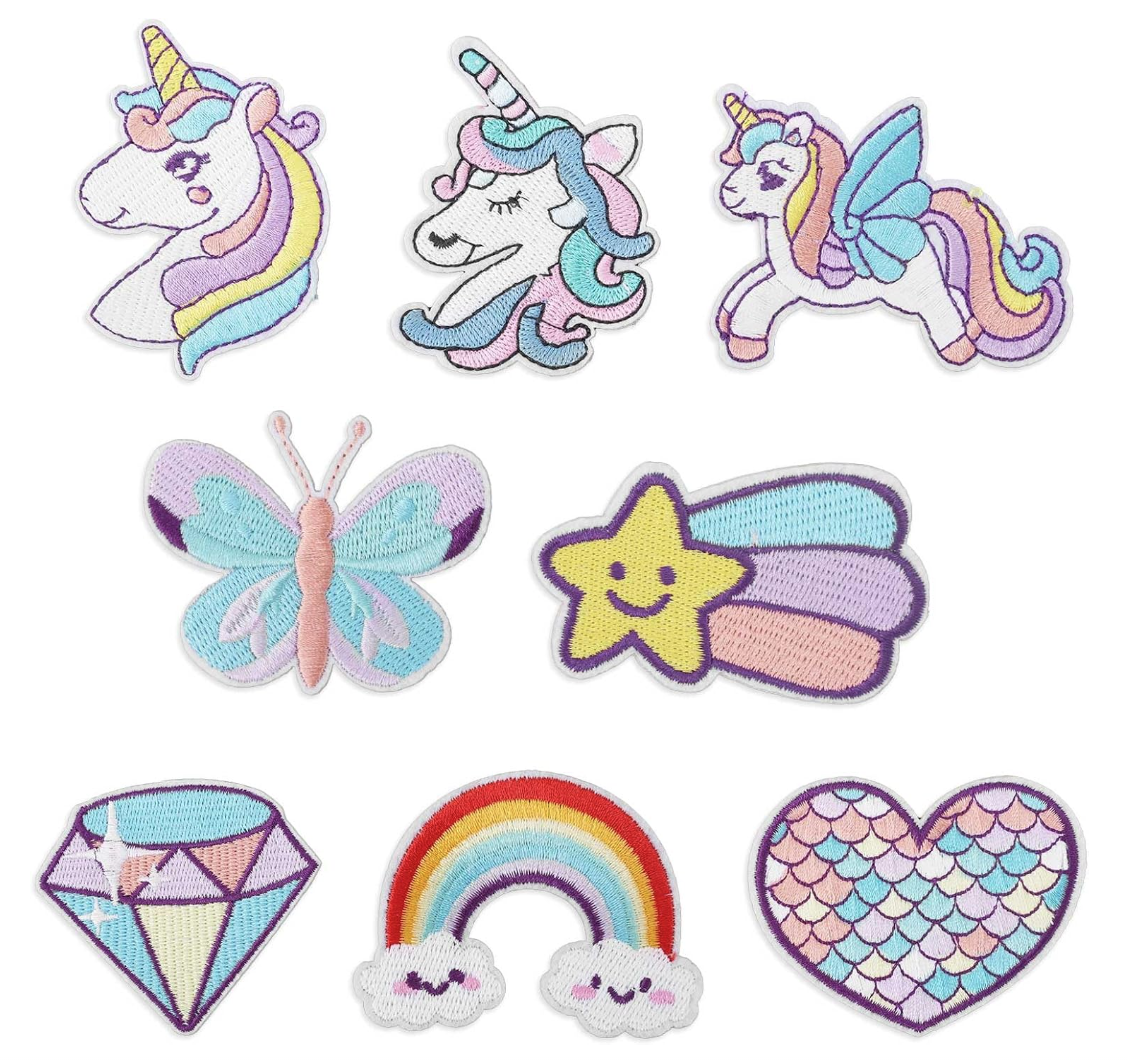 8pcs Dreamy Unicorn Iron On Patches  Rainbow Heart Butterfly Diamond for Cloth