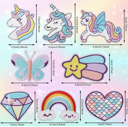 8pcs Dreamy Unicorn Iron On Patches  Rainbow Heart Butterfly Diamond for Cloth